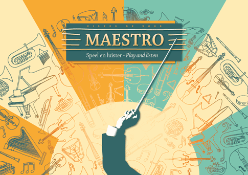 De bovenkant van de doos voor het bordspel 'Maestro'